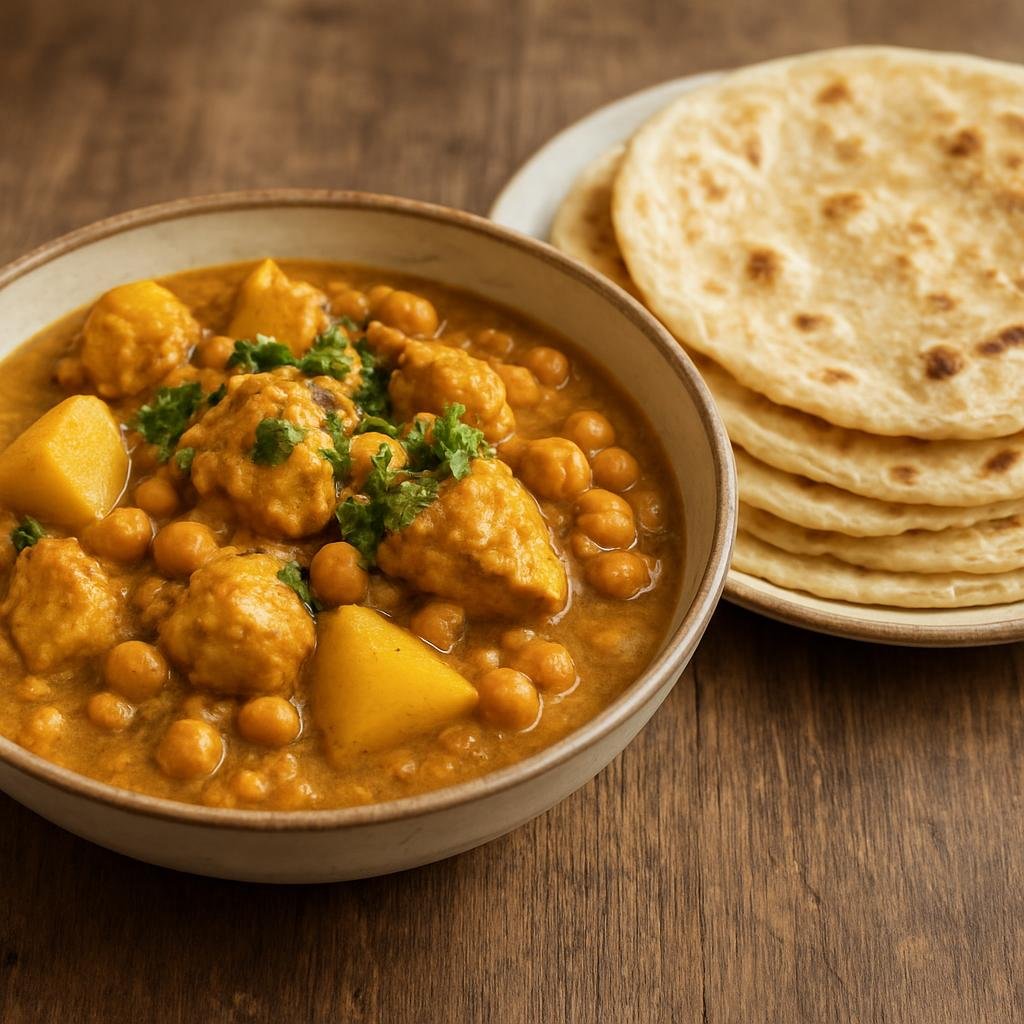 Entree: Suriname – Southern Culinary Region – Roti Kip (Surinamese curried chicken stew with potatoes and chickpeas served with roti flatbread) recipe