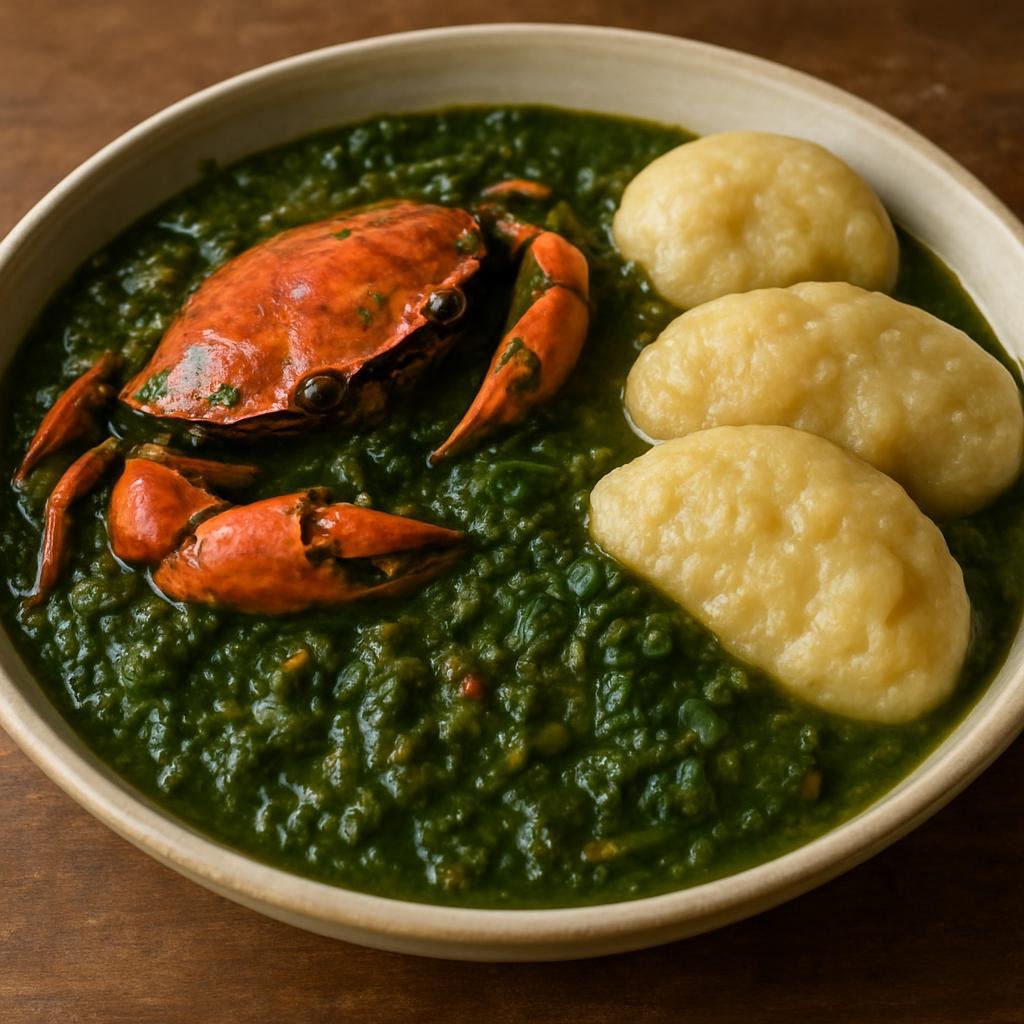 Entree: Trinidad and Tobago – Southern Culinary Region – Callaloo Crab and Dumplings (A hearty Trinidadian stew of callaloo greens simmered with coconut milk and crab, served with boiled flour dumplings) recipe