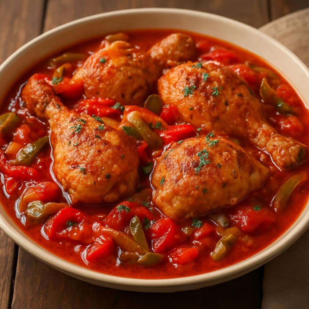 Entree: France – Basque Country – Poulet Basquaise (Rustic Basque-style chicken braised with bell peppers, tomatoes, and Espelette pepper) recipe