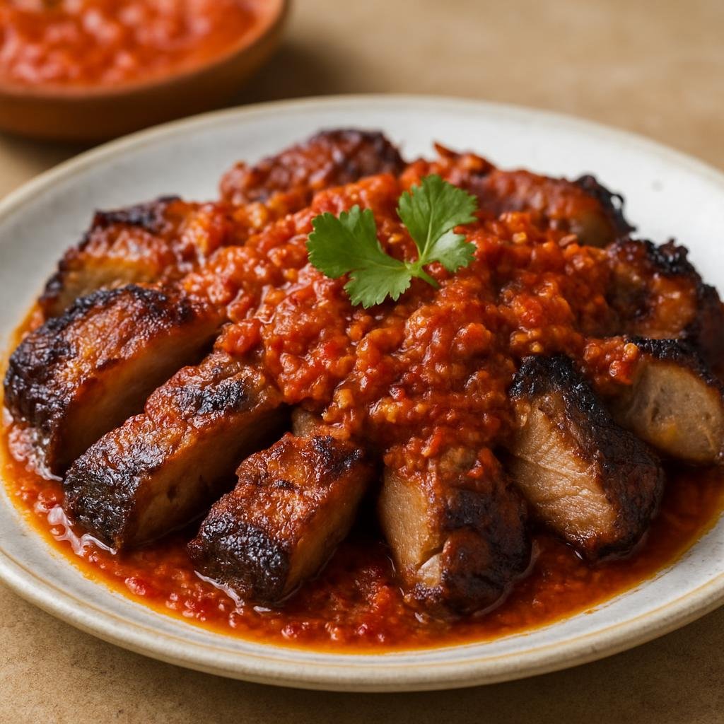 Entree: Indonesia – Batak – Babi Panggang Karo (Karo-style roasted pork with a bright and spicy andaliman-tomato sauce) recipe