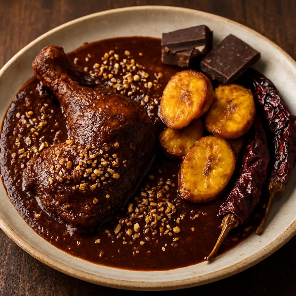 Entree: Mexico – Chiapas – Mole Chiapaneco (Rich Chiapanecan mole sauce with toasted seeds, nuts, dried chilies, plantain, and chocolate served with braised chicken) recipe