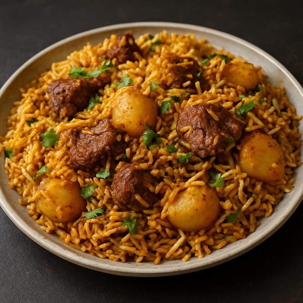 Entree: South Africa – Durban Indian – Lamb Breyani (Layered aromatic spiced rice cooked with tender lamb and potatoes) recipe