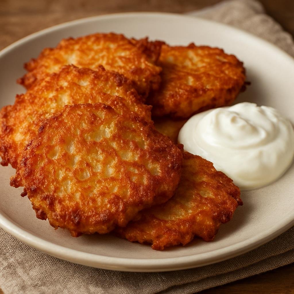 Entree: Ukraine – Eastern Ukraine – Деруни ➤ Deruny (Crispy grated potato pancakes fried until golden, served with sour cream) recipe