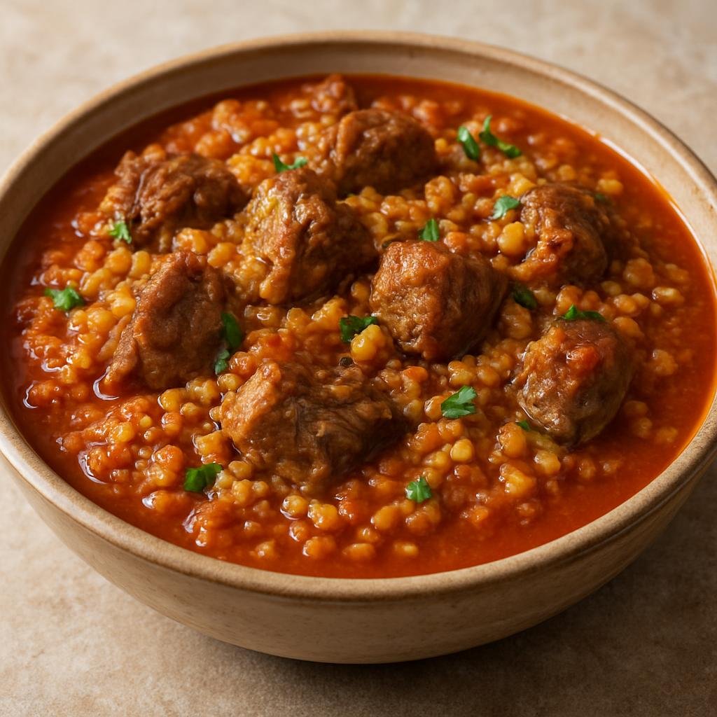 Entree: Armenia – Central Culinary Region – ղարսի խորիզ ➤ Gharsi Khoriz (Slow-braised Armenian lamb and bulgur stew in a tomato-based sauce) recipe