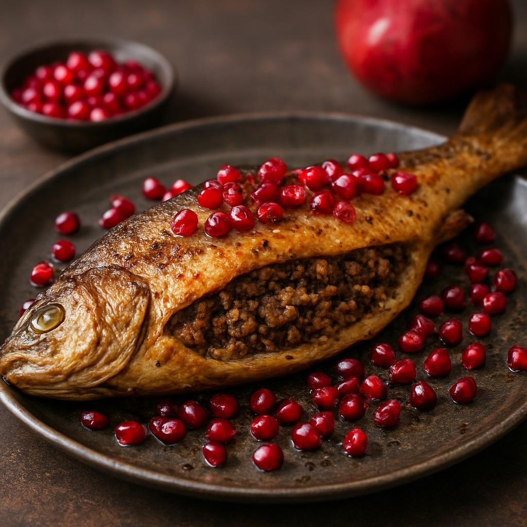 Entree: Azerbaijan – Caspian Azerbaijan – Lavangi (Whole fish or poultry stuffed with a spiced walnut and onion filling, baked with pomegranate for a tart-savoury finish) recipe