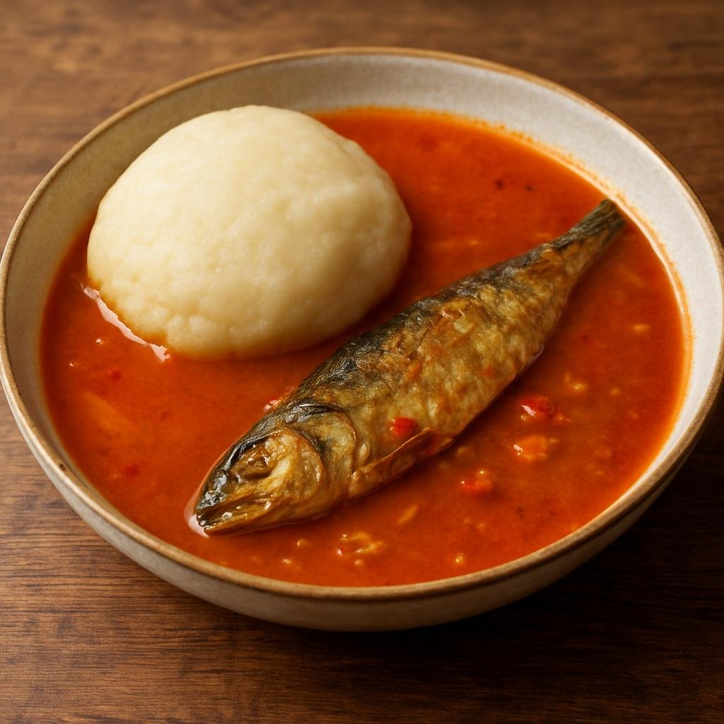 Entree: Ghana – Ewe Volta Cuisine – Fufu with Light Soup (Pounded cassava and unripe plantain dough served with a clear, spicy tomato-and-fish soup) recipe