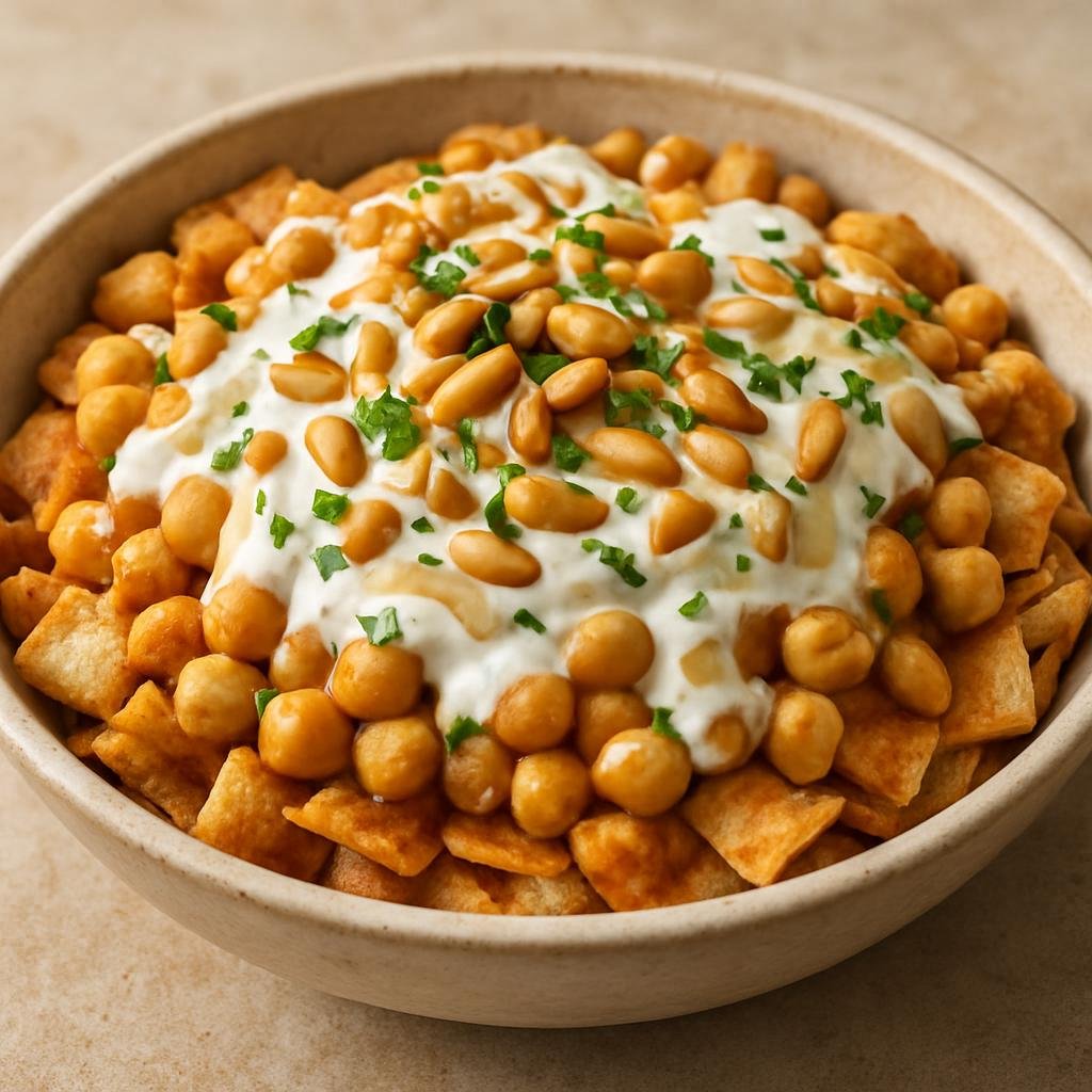 Entree: Syria – Damascus – فتّة حمص ➤ Fattet Hummus (Layered casserole of chickpeas and toasted pita topped with yogurt-tahini sauce and pine nuts) recipe