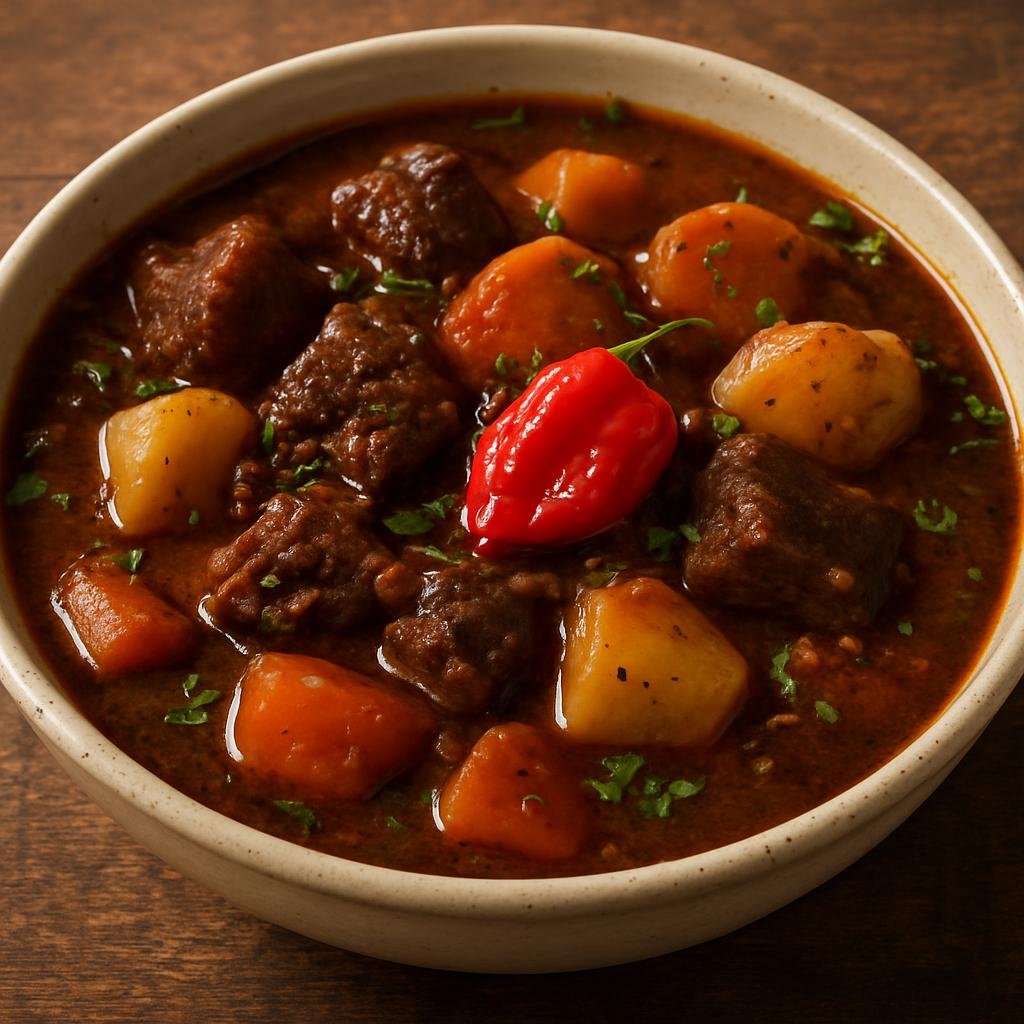 Entree: Barbados – Northern Culinary Region – Pepperpot (Hearty Barbadian peppery meat stew with root vegetables and hot pepper) recipe