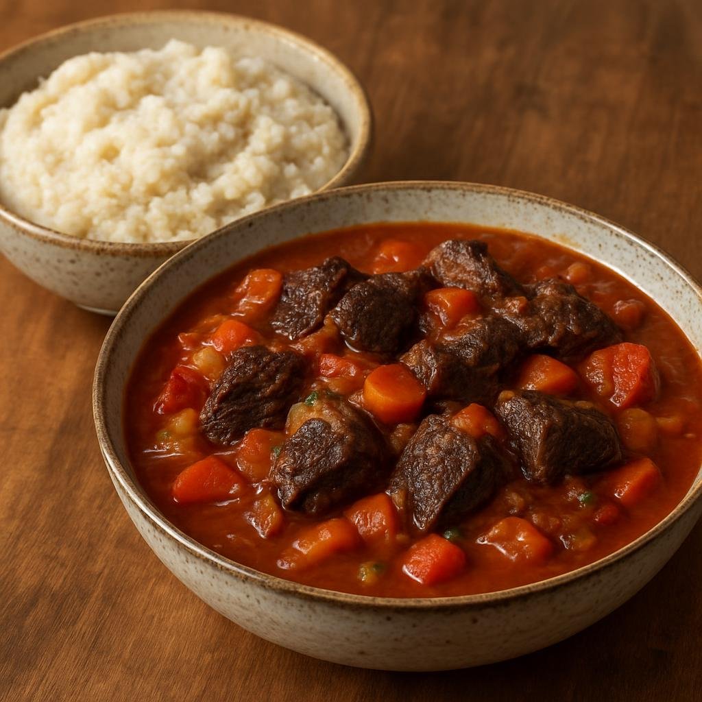 Entree: Botswana – Northern Culinary Region – Tswii (Traditional Batswana stew of smoked or dried beef simmered with vegetables and served with sorghum or maize porridge) recipe