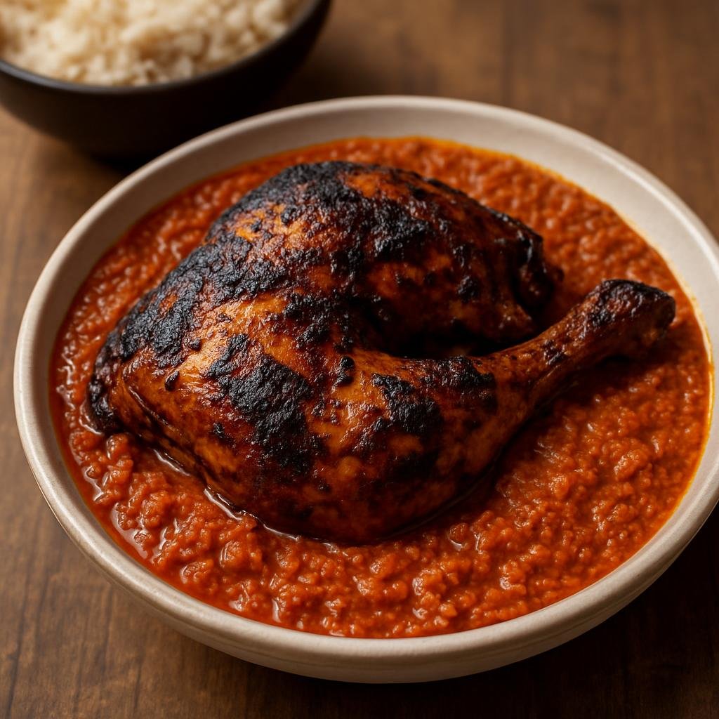 Entree: Cameroon – Northern Culinary Region – Kati Kati (A charred and stewed chicken simmered in a spicy groundnut and tomato sauce) recipe