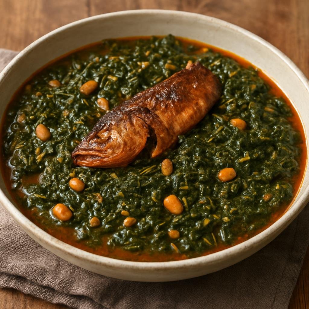 Entree: Democratic Republic of the Congo – Northern Culinary Region – Fumbwa (Hearty jute-leaf stew cooked with palm oil, peanuts, and smoked fish) recipe