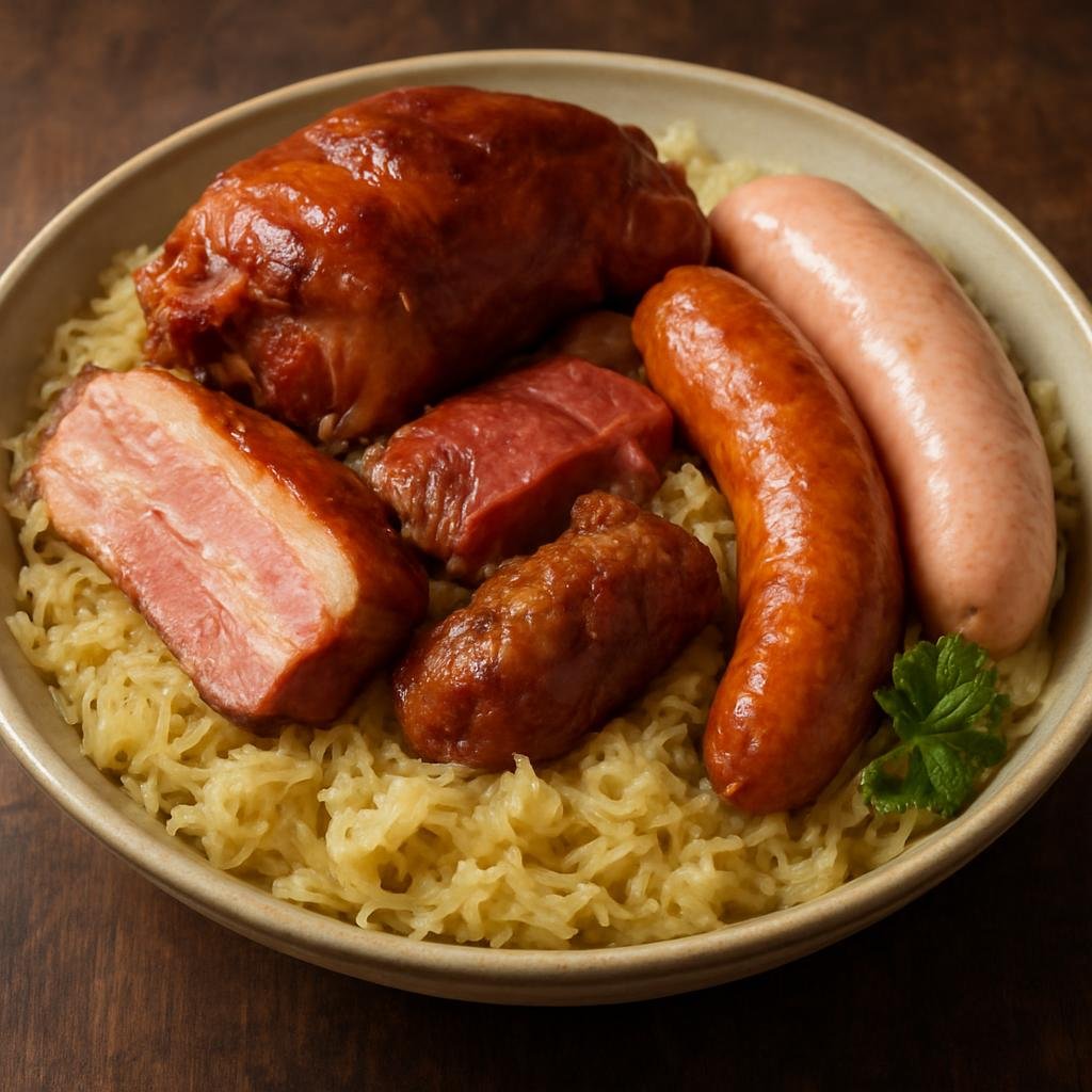 Entree: French Southern Territories – Northern Culinary Region – Choucroute Garnie (Braised sauerkraut cooked with an assortment of salted and smoked pork meats and sausages) recipe