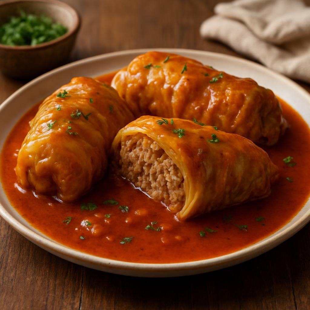 Entree: Hungary – Northern Hungary – Töltött káposzta (Cabbage leaves filled with seasoned minced pork and rice, slowly cooked in a paprika tomato sauce) recipe