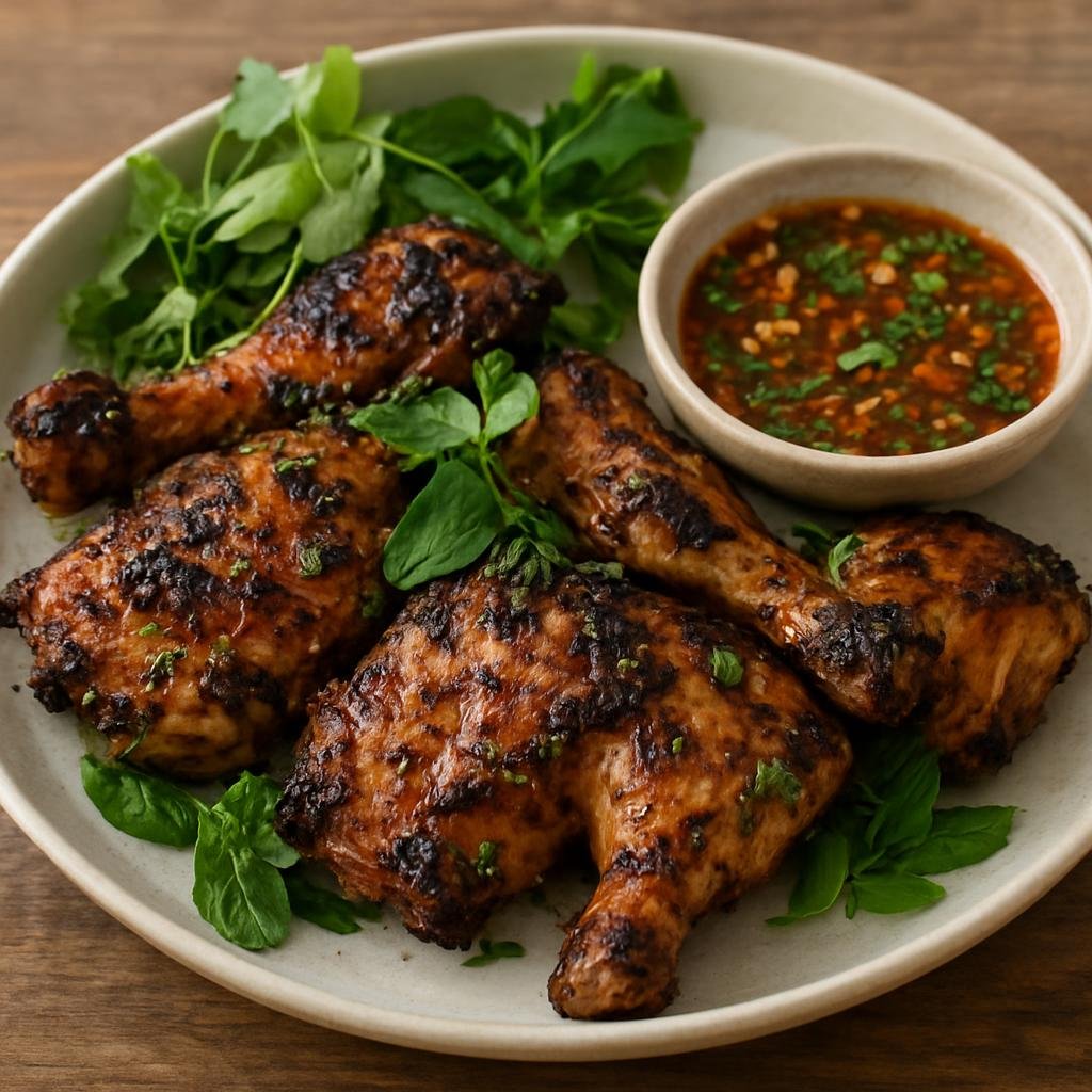 Entree: Laos – Southern Laos – ປິ້ງໄກ່ ➤ Ping Gai (Lao-style char-grilled marinated chicken with aromatic herbs and dipping sauce) recipe