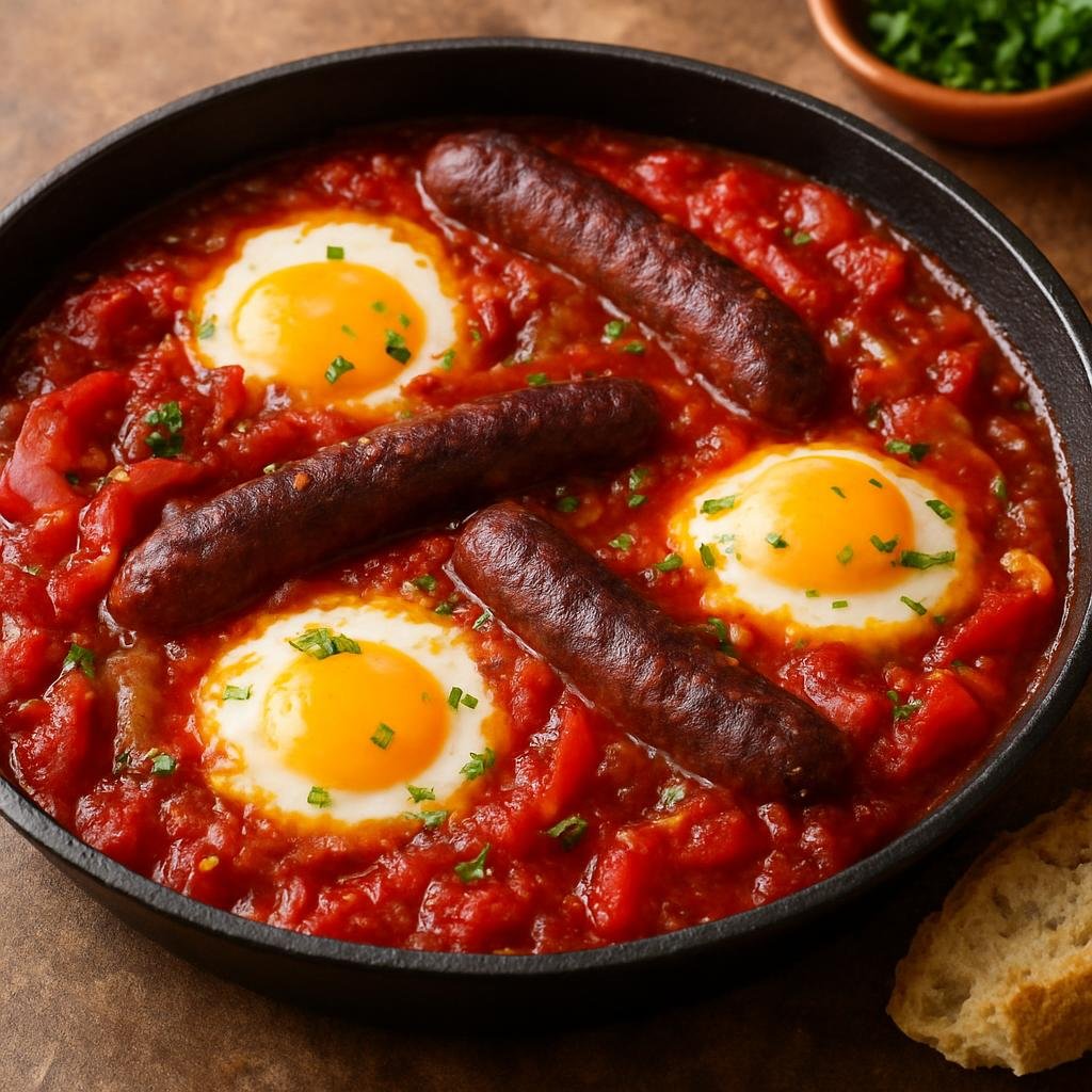 Entree: Tunisia – Southern Tunisia – أوجة ➤ Ojja (Spicy Tunisian tomato and pepper stew with eggs and merguez sausage) recipe