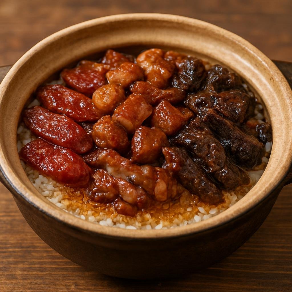 Entree: Hong Kong – Southern Culinary Region – 煲仔飯 ➤ bou zai faan (Rice cooked in a claypot with soy-seasoned toppings such as Chinese sausage and marinated meats, finished with a crisp bottom crust) recipe
