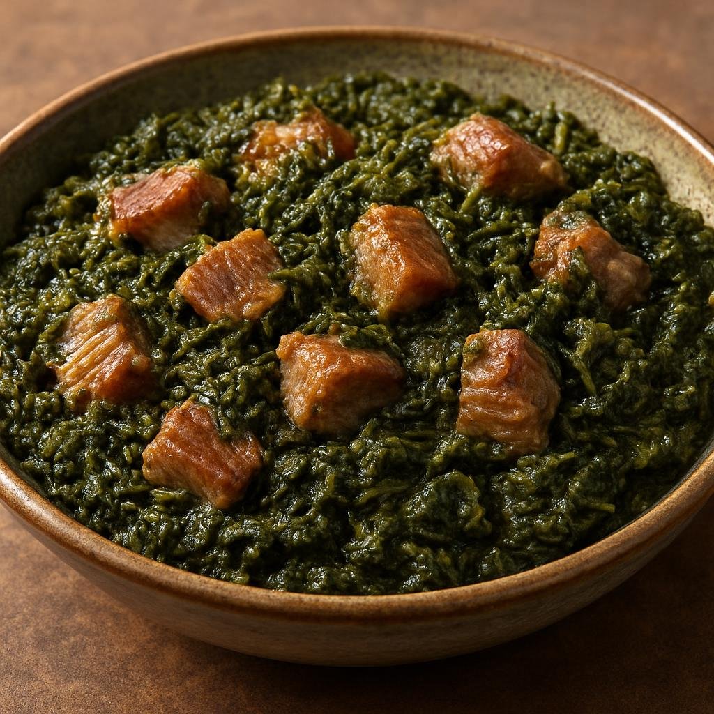Entree: Madagascar – Southern Culinary Region – Ravitoto (Stewed shredded cassava leaves cooked with pork) recipe