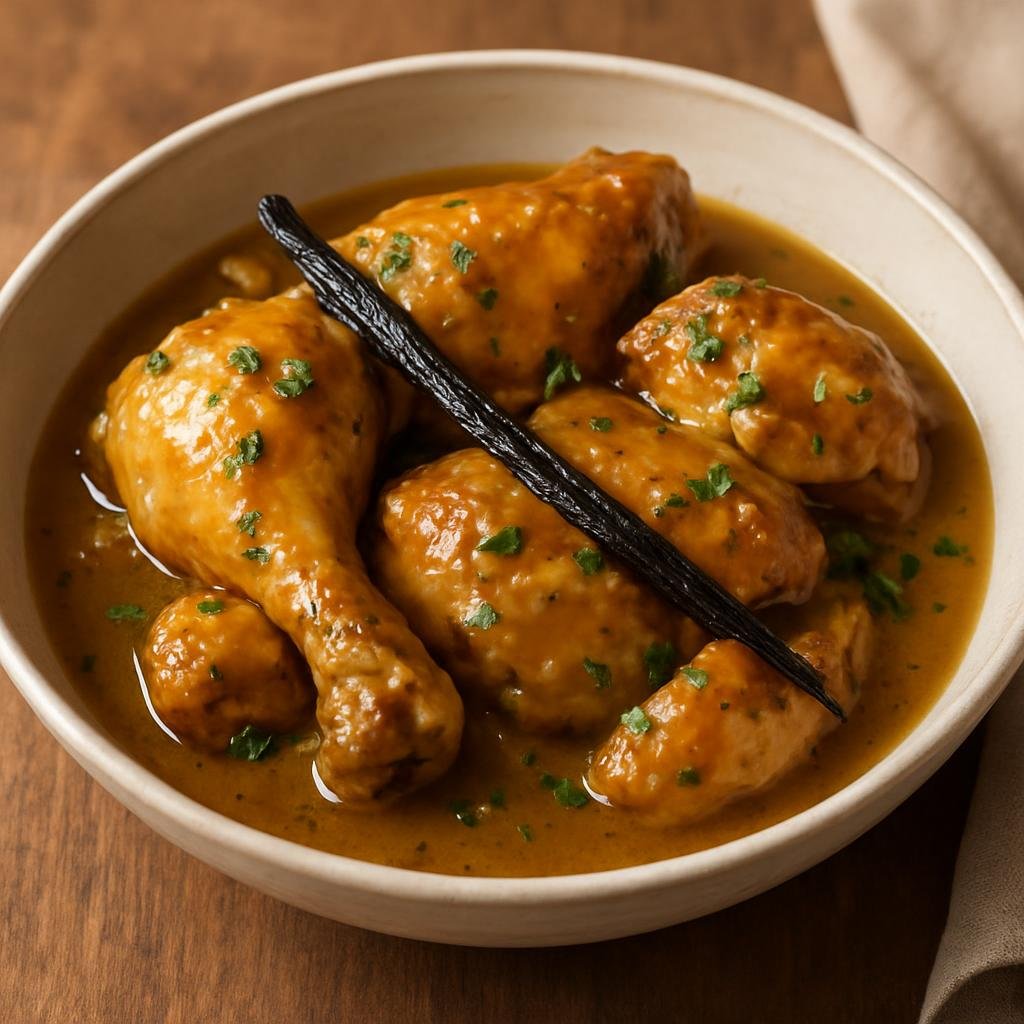 Entree: New Caledonia – Southern Culinary Region – Poulet à la Vanille (Chicken braised in a savory vanilla‑infused sauce) recipe