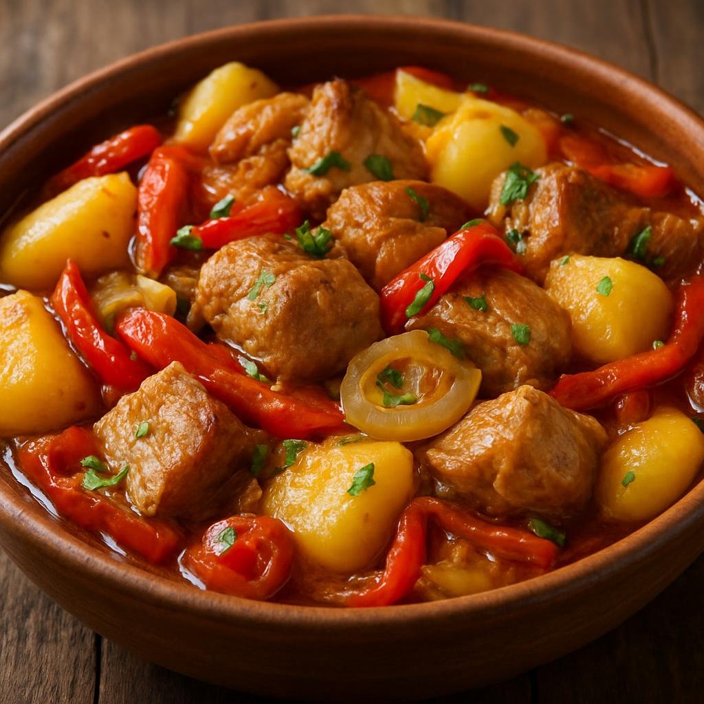 Entree: North Macedonia – Southern Culinary Region – Селско месо ➤ Selsko meso (Rustic country-style braised pork with peppers, onions, and potatoes) recipe