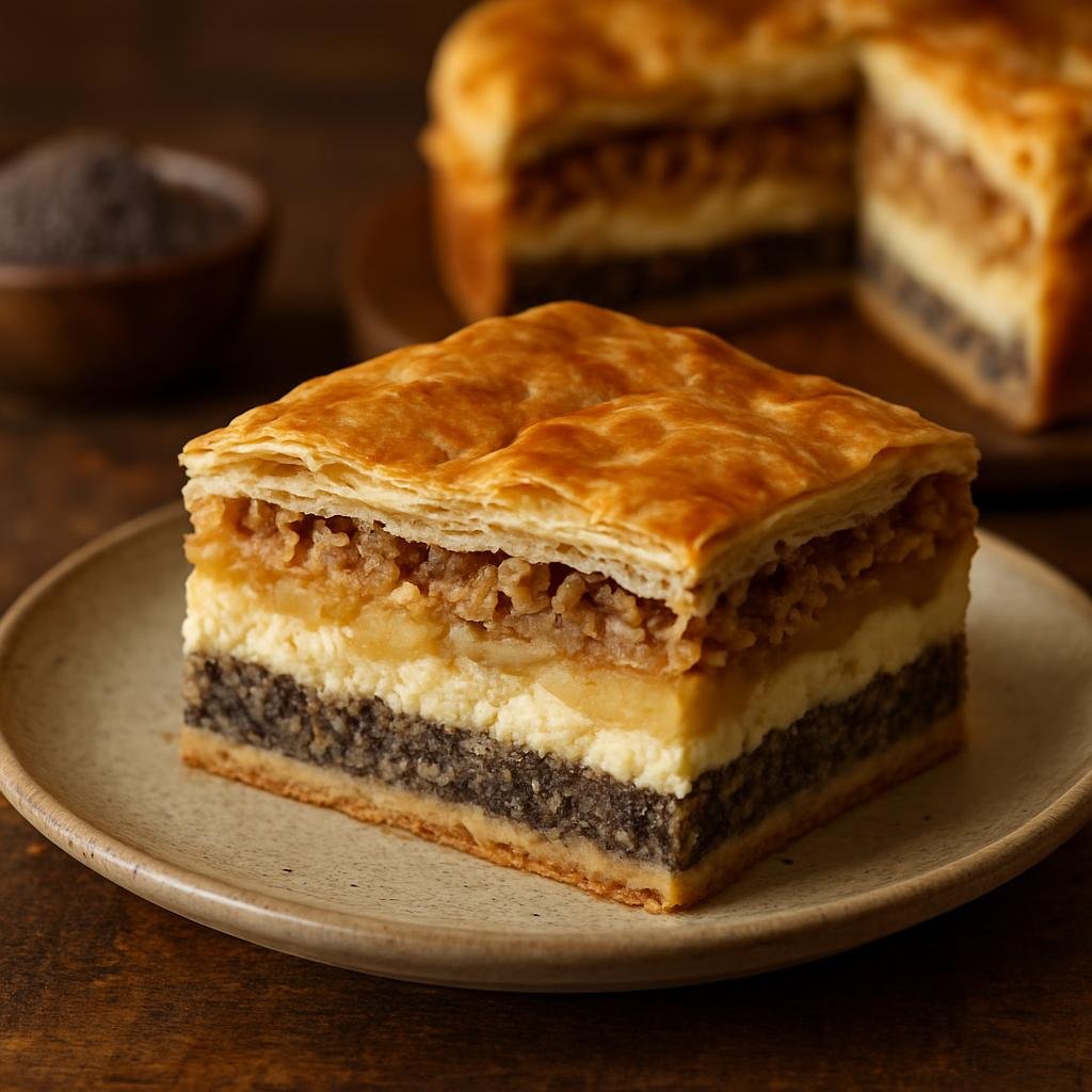 Entree: Slovenia – Southern Culinary Region – Prekmurska Gibanica (Layered Slovenian pastry from Prekmurje with poppy seed, cheese, apple, and walnut fillings) recipe