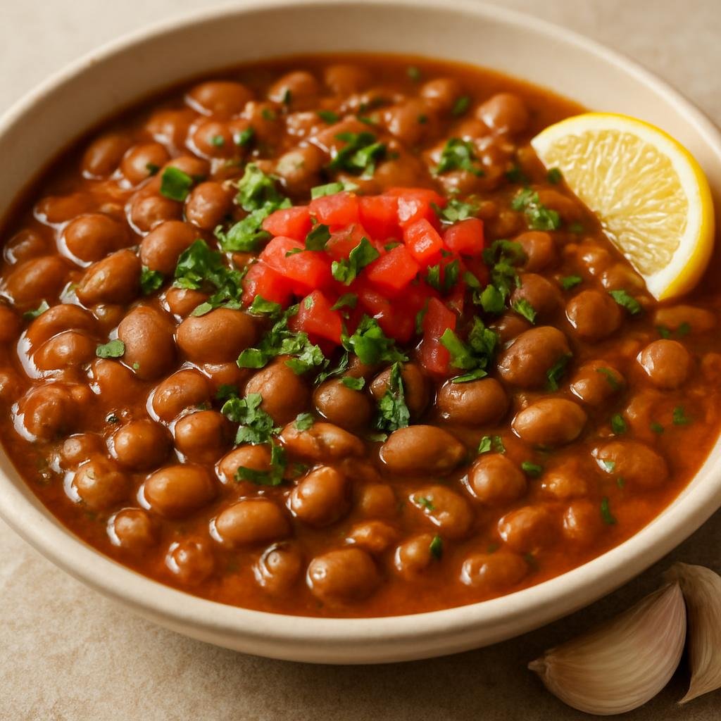 Entree: South Sudan – Southern Culinary Region – Ful Medames (Slow-simmered seasoned fava bean stew typically served with olive oil, lemon, garlic, and fresh garnishes) recipe
