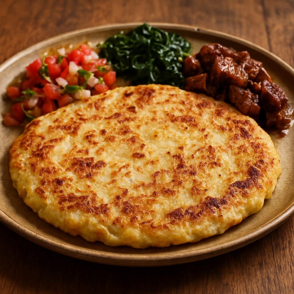 Entree: Chile – Chiloe – Chochoca (Traditional Chilote potato flatbread made from a mix of grated raw and mashed cooked potatoes, cooked on a griddle and served with savory accompaniments) recipe