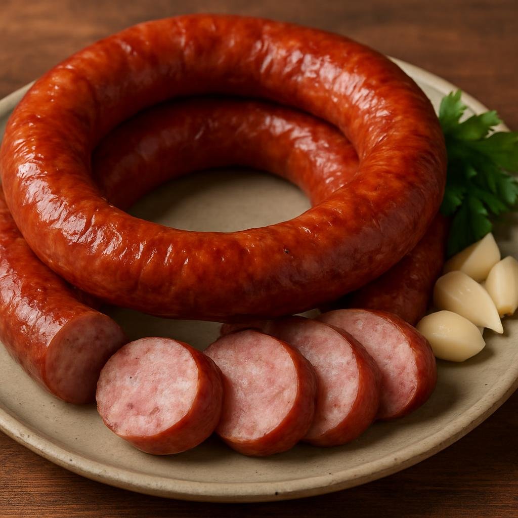 Entree: Ukraine – Eastern Ukraine – ковбаса ➤ kovbasa (Traditional Ukrainian pork sausage seasoned with garlic and spices, usually smoked or cooked and served as a hearty main.) recipe