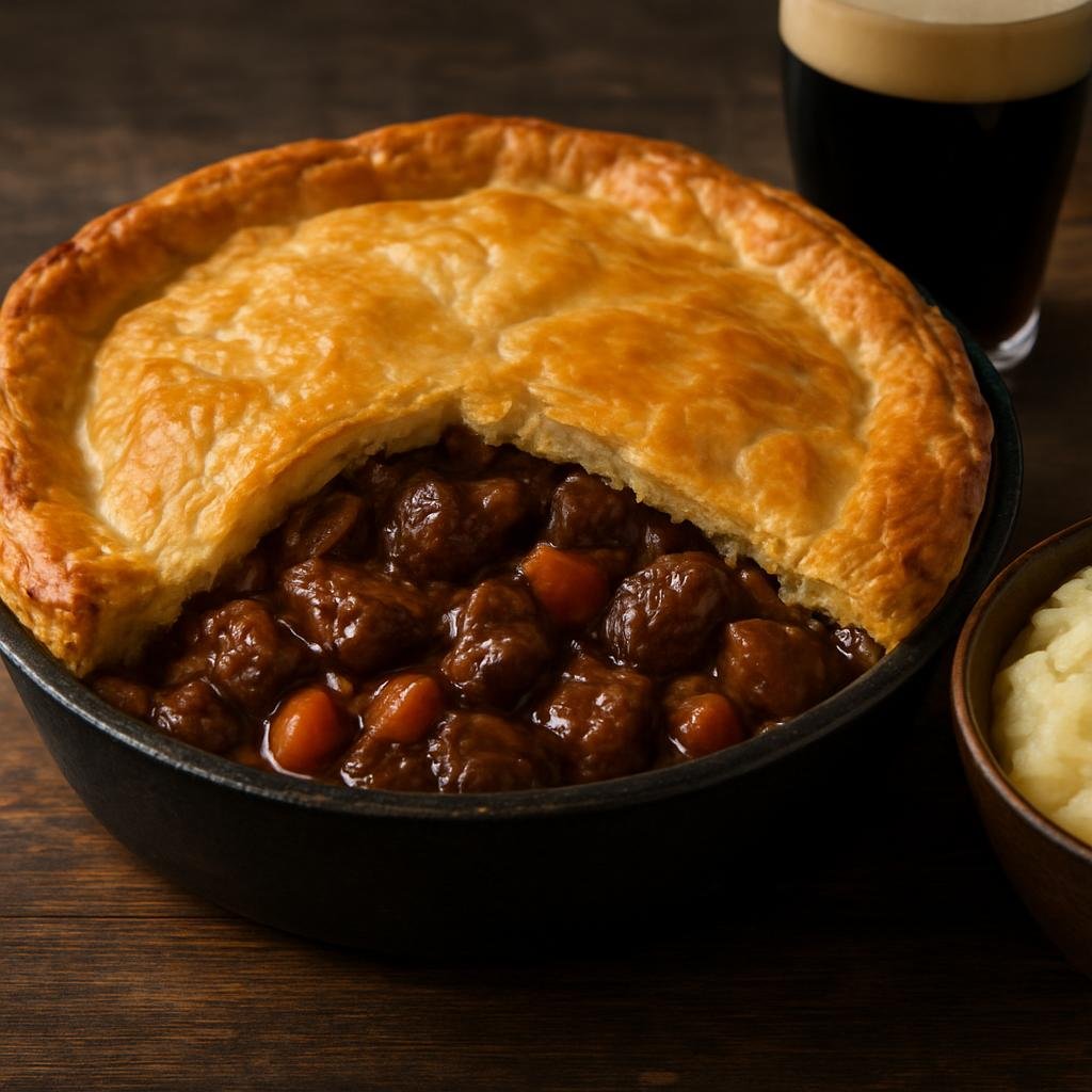 Entree: Ireland – Irish Pub Classics – Beef and Guinness Pie (Hearty Irish stew of braised beef in a rich Guinness and brown gravy baked beneath a pastry crust) recipe