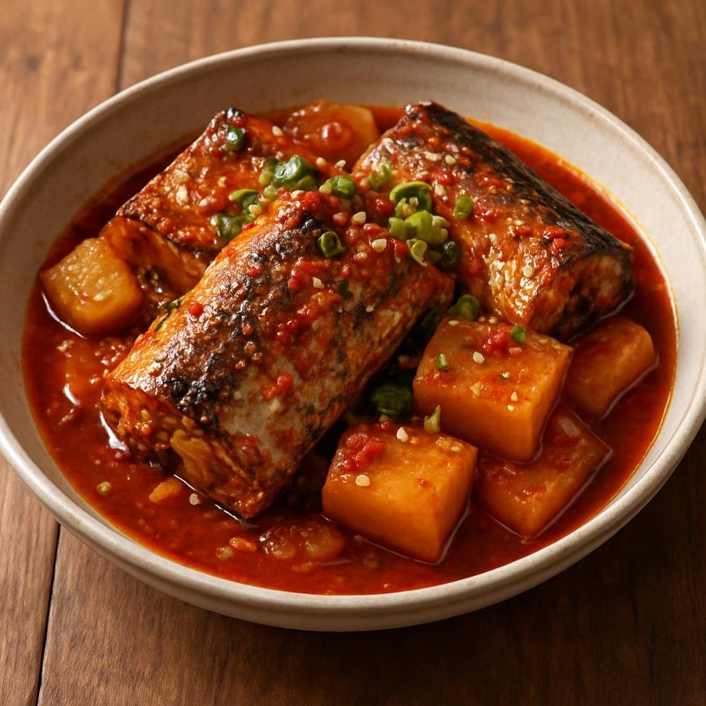 Entree: South Korea – Jeju – 갈치조림 ➤ Galchi Jorim (Spicy braised cutlassfish simmered in a soy-chili sauce with radish) recipe