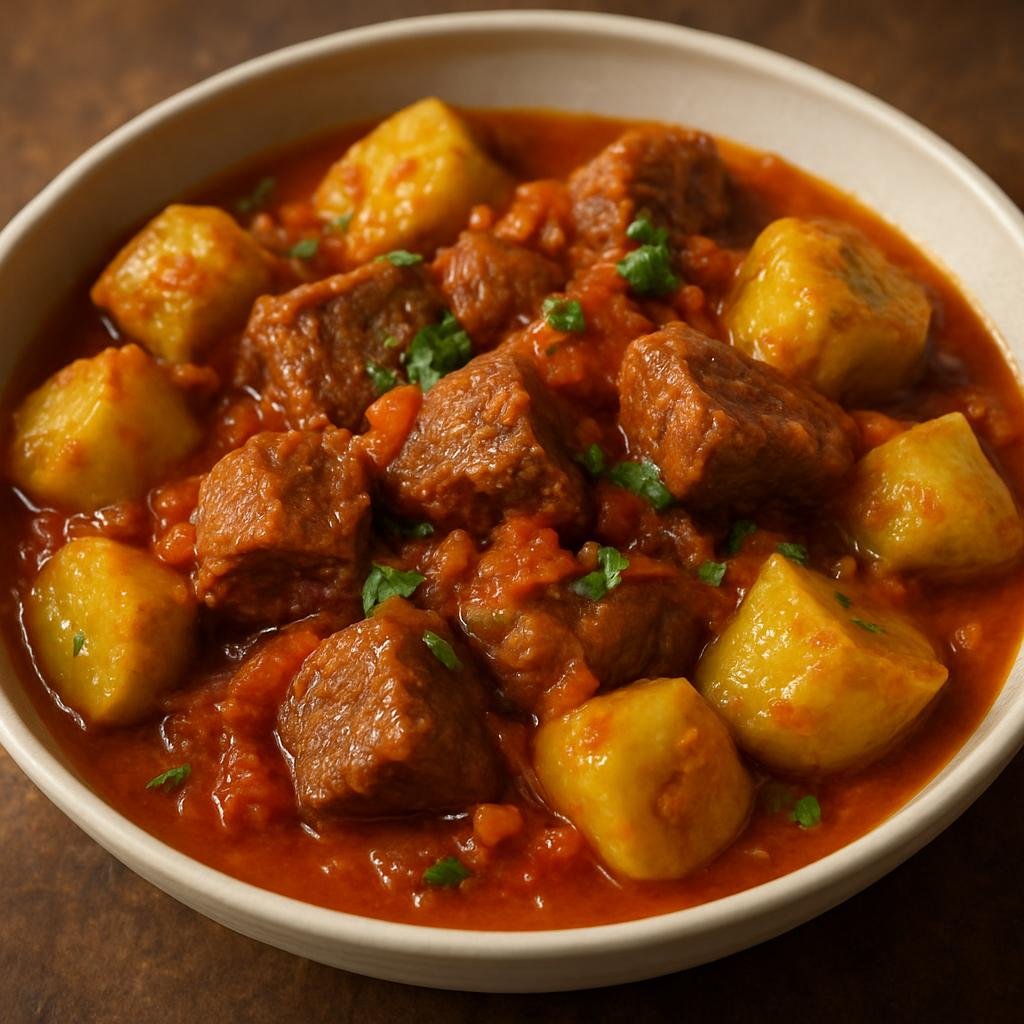 Entree: Tanzania – Northern Tanzania – Ndizi Nyama (Stew of green plantains cooked with beef in a spiced tomato-onion sauce) recipe