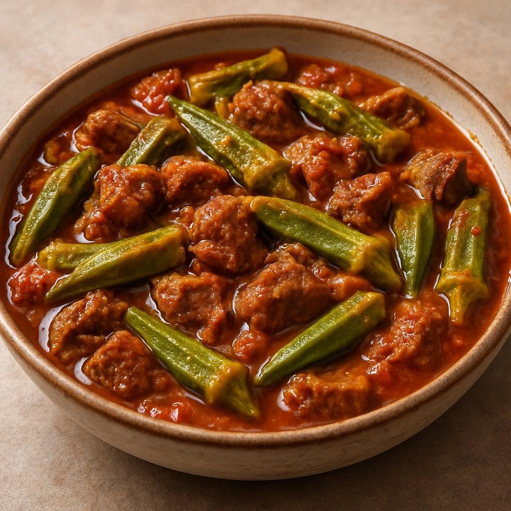 Entree: South Sudan – Southern Culinary Region – Bamia (Okra and meat stew simmered with tomatoes and warm spices, a hearty Sudanese-style main dish) recipe