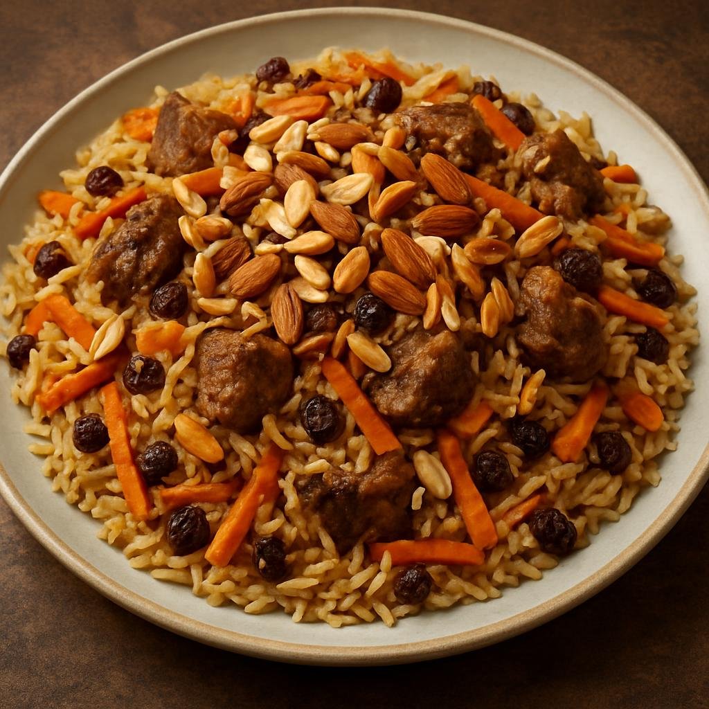 Entree: Tajikistan – Southern Culinary Region – Кабули Пулао ➤ Kabuli Pulao (A fragrant pilaf of long-grain rice cooked with lamb, sweetened carrots, raisins, and toasted nuts) recipe