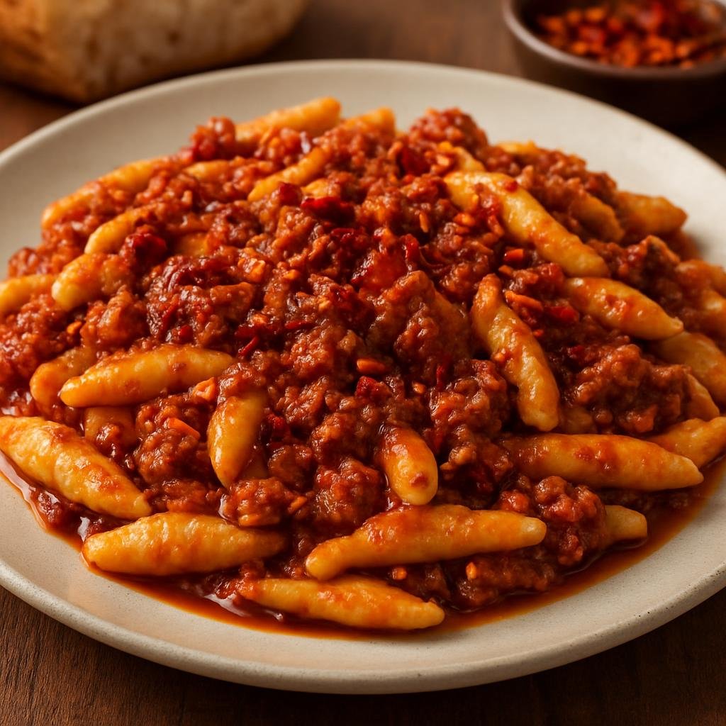 Entree: Italy – Basilicata – Strascinati al Ragù Lucano (Hand-rolled regional pasta served with a slow-cooked pork-and-beef ragù flavored with Basilicata aromatics and crispy dried peppers) recipe