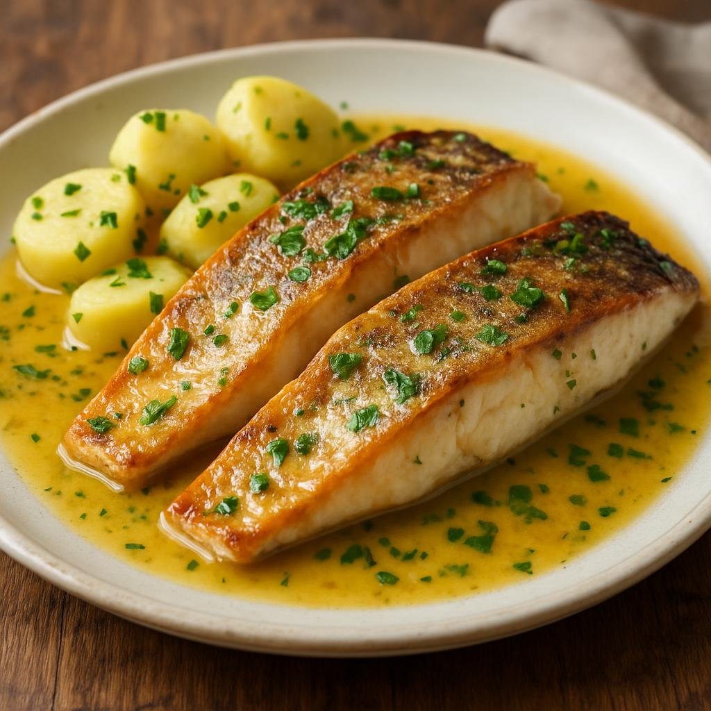 Entree: United Kingdom – Cornwall & West Country – Cornish Hake (Pan-seared Atlantic hake fillets with a cider-butter sauce and parsley) recipe