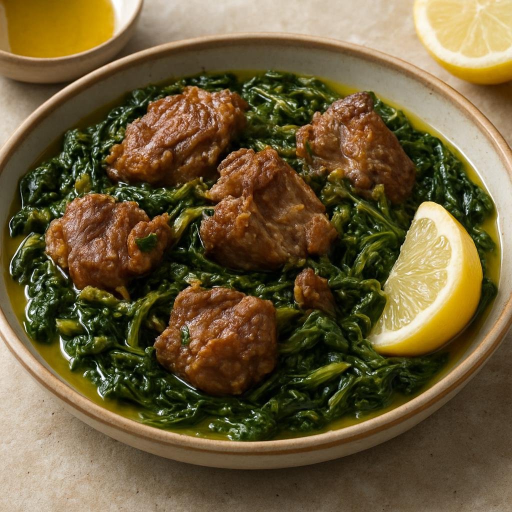 Entree: Greece – Crete – Σταμναγκάθι με αρνί ➤ Stamnagáthi me arní (Cretan braised lamb with foraged stamnagathi wild greens, lemon, and olive oil) recipe
