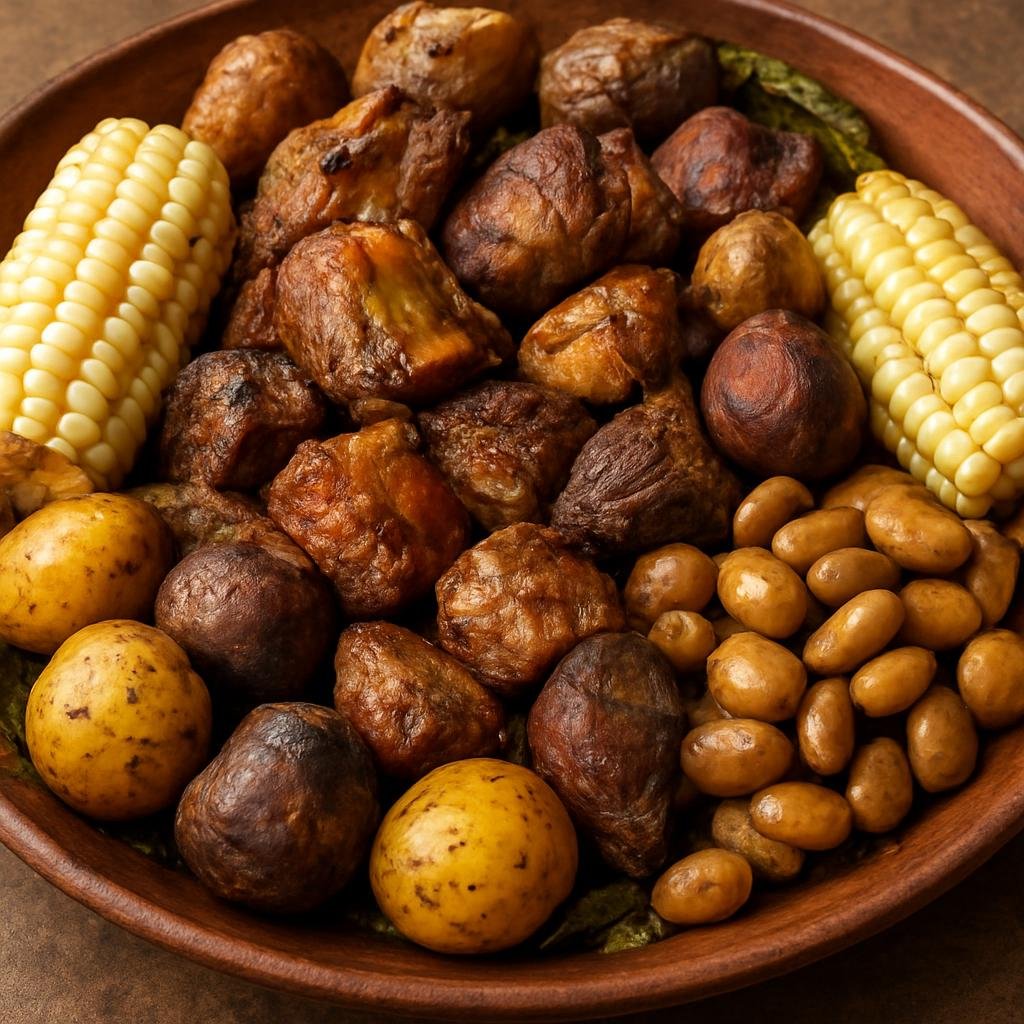 Entree: Peru – Andean Highlands – Pachamanca (Traditional Andean earth-oven feast of marinated meats, potatoes, corn, and beans cooked with hot stones or in a covered oven) recipe