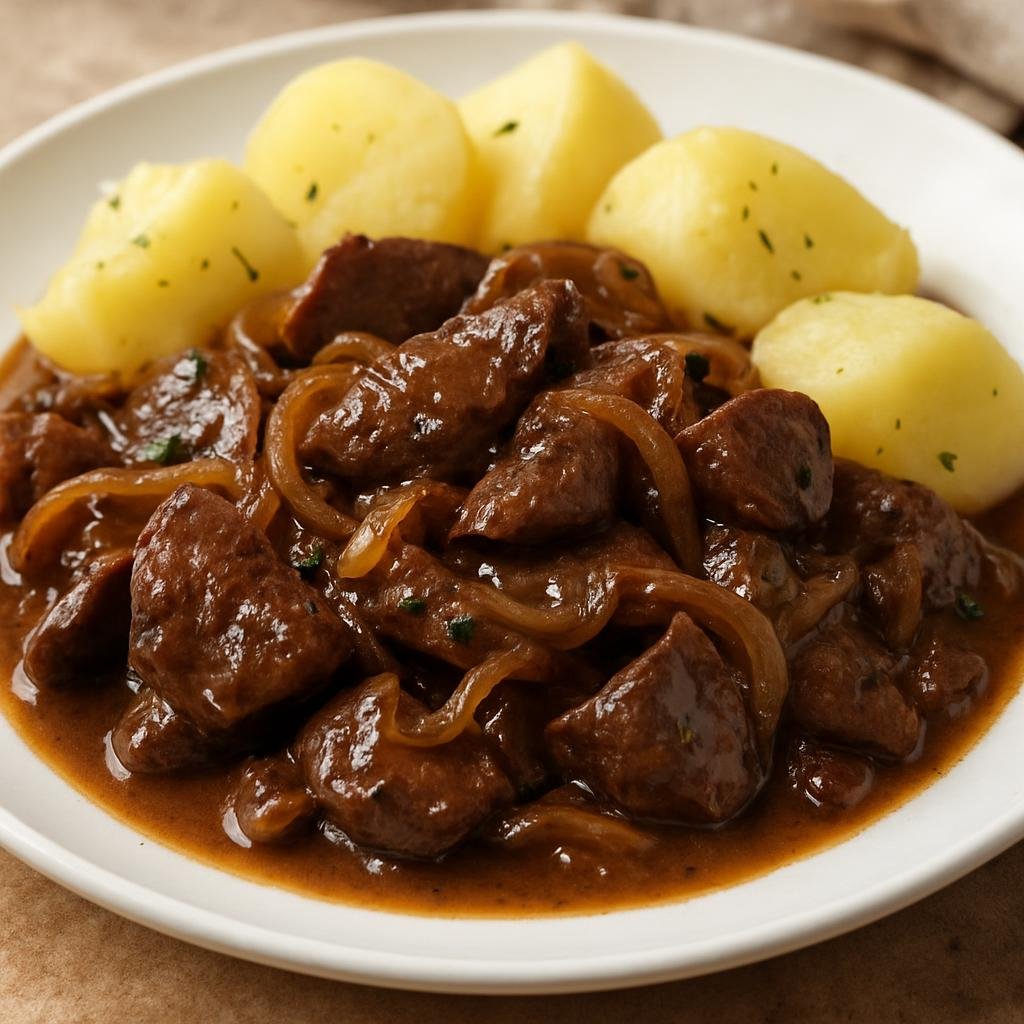 Entree: Portugal – Azores – Molho de Fígado (Savory liver sauce of sautéed liver and onions in a wine‑vinegar pan sauce, served with potatoes or bread) recipe