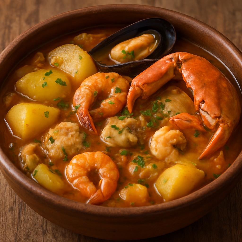 Entree: Chile – Chiloe – Cazuela Chilota (Hearty Chiloe island seafood and potato stew) recipe