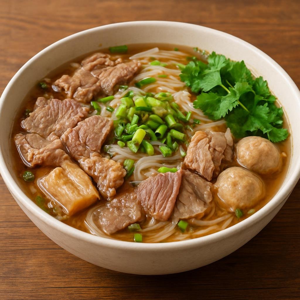Entree: Cambodia – Khmer Central Cuisine – គុយទាវ ➤ kuy teav (Cambodian clear rice noodle soup with pork and beef in a fragrant, herb-scented broth) recipe