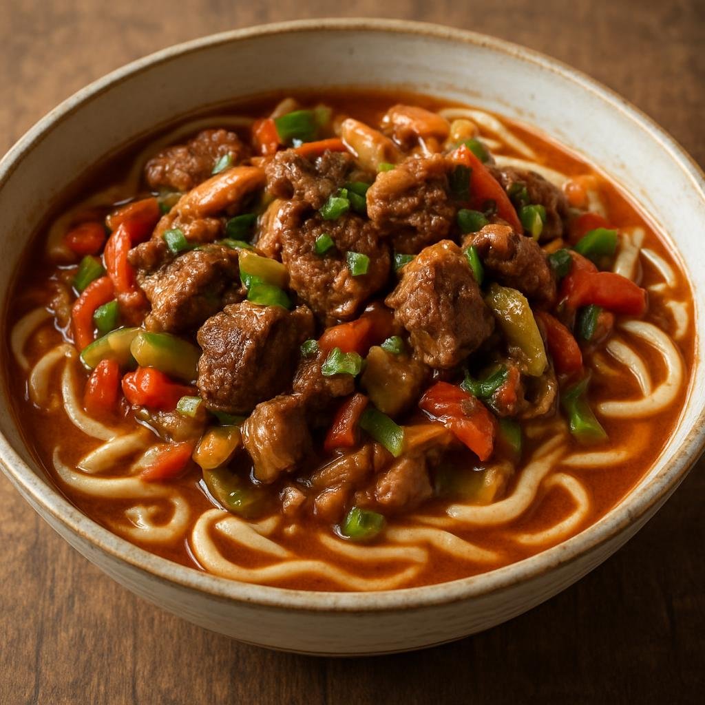Entree: Uzbekistan – Khiva / Khorezm – Kovurma Lagman (Hearty Central Asian pulled noodles topped with fried lamb and vegetables in a savory spiced broth) recipe