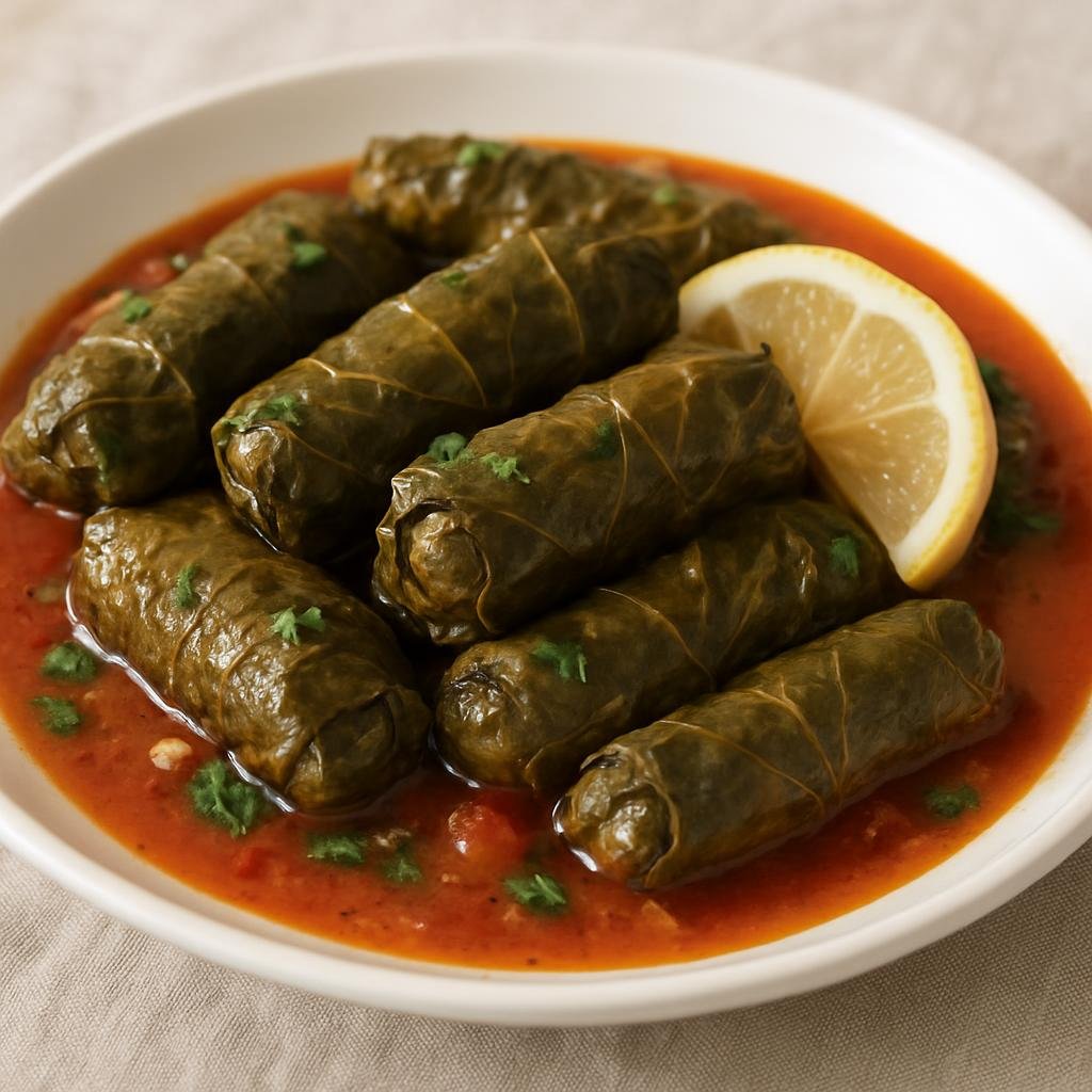 Entree: Bosnia and Herzegovina – Northern Culinary Region – Japrak (Grape leaves filled with a rice and ground meat mixture, cooked gently in a lemon-tomato broth) recipe