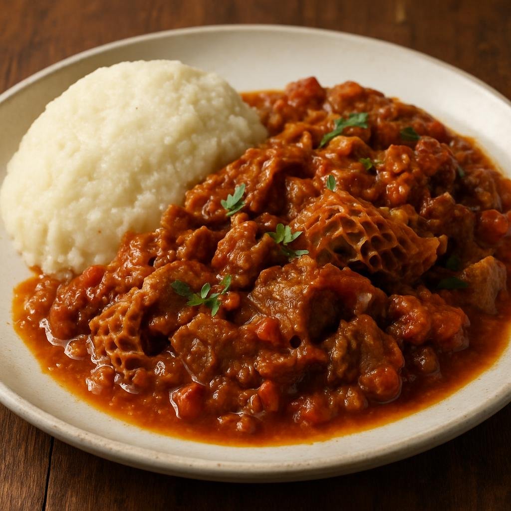 Entree: Botswana – Northern Culinary Region – Serobe (Hearty slow-cooked beef tripe stew flavored with tomatoes, onions, and local spices, served with maize porridge) recipe