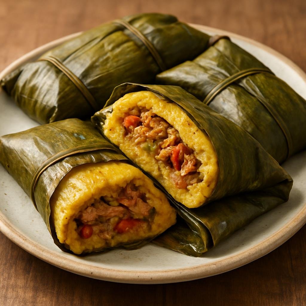 Entree: Costa Rica – Northern Culinary Region – Tamales (Corn dough parcels filled with seasoned pork and vegetables, wrapped in banana leaves and steamed) recipe