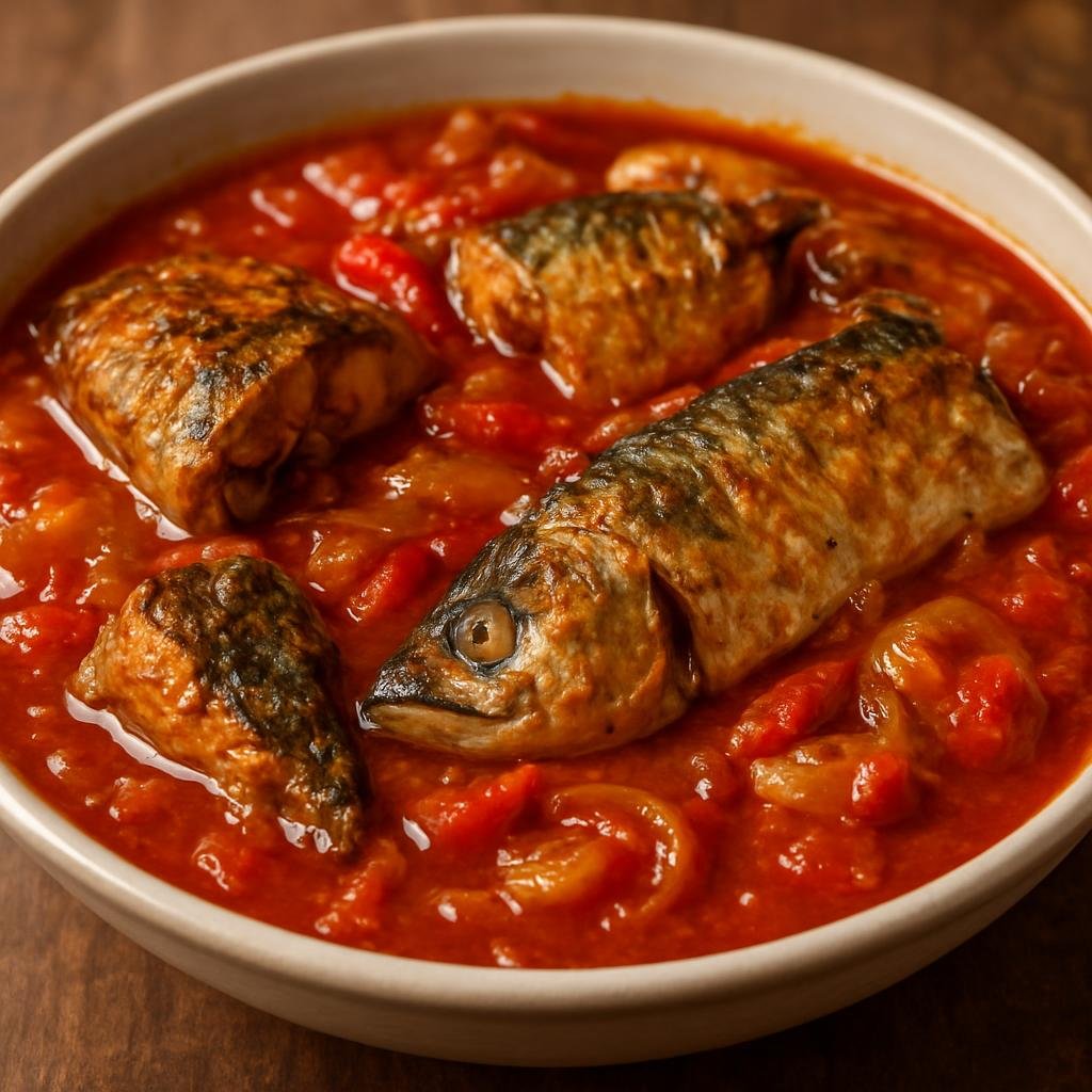 Entree: Democratic Republic of the Congo – Northern Culinary Region – Makayabu (Salted mackerel stew cooked in palm oil with tomatoes, onions, and hot pepper) recipe