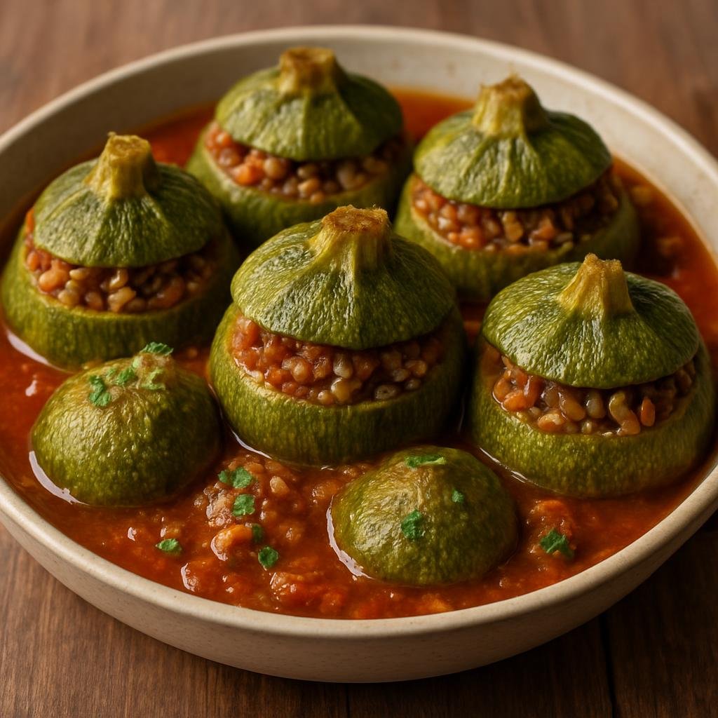 Entree: Lebanon – Mount Lebanon – كوسا محشي ➤ Kousa Mahshi (Stuffed summer squash filled with spiced rice and meat cooked in a tomato broth) recipe
