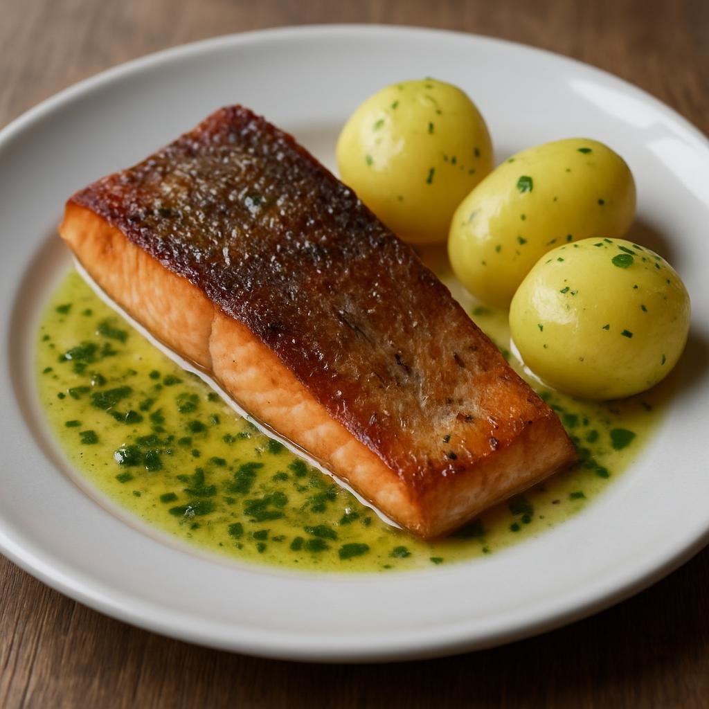 Entree: Greenland – Southern Culinary Region – Puisi (Pan-seared Arctic char with boiled potatoes and a simple butter-herb sauce) recipe