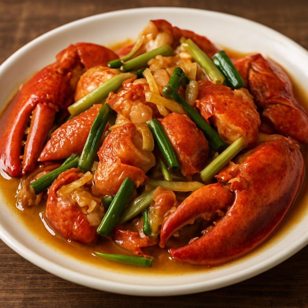 Entree: China – Cantonese / Guangdong – 薑蔥龍蝦 ➤ Jiāng cōng lóngxiā (Cantonese-style lobster cooked with aromatic ginger and scallion sauce) recipe