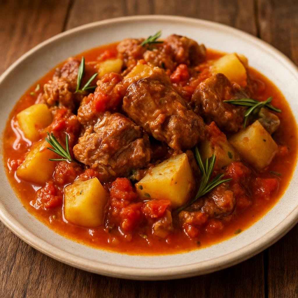 Entree: Italy – Basilicata – Agnello alla Contadina (Hearty country-style lamb stew with tomatoes, potatoes, and rosemary) recipe