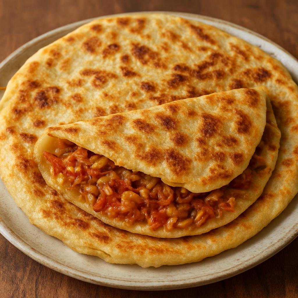 Entree: Algeria – Constantine & East – محاجب ➤ M'hadjeb (Thin semolina-based flatbread stuffed with a spiced onion and tomato filling, pan-cooked until crisp) recipe