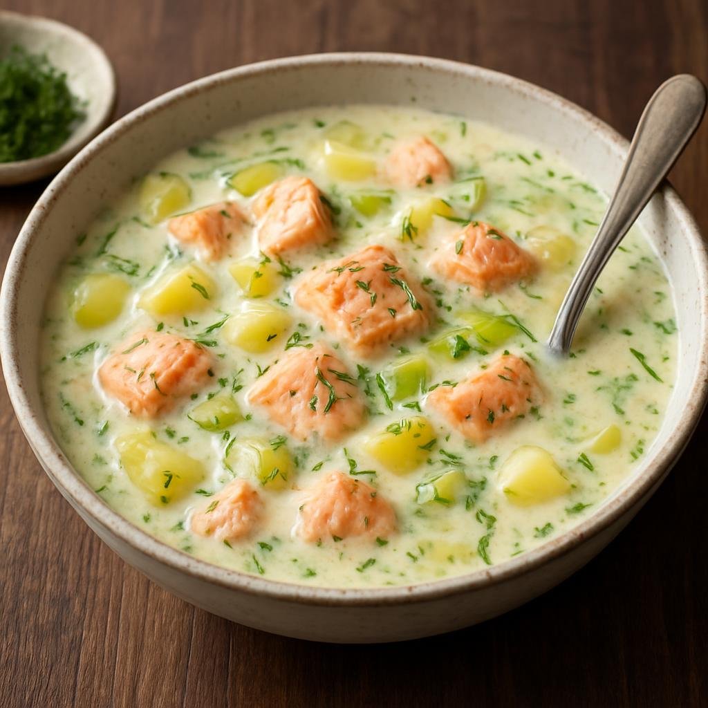 Entree: Finland – Karelia – Lohikeitto (Creamy salmon and potato soup flavored with dill and leeks) recipe